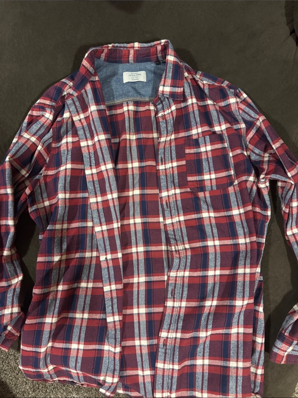 Jack & Jones Red and Blue Plaid Casual Button-Down Shirt